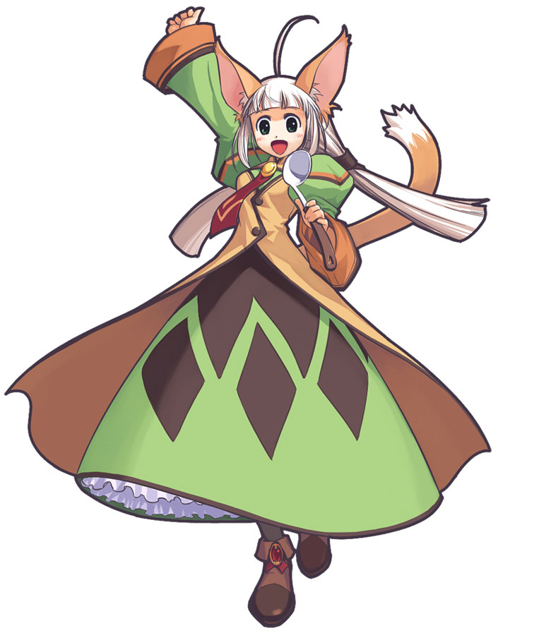:d ahoge animal_ears argyle arm_up atelier_(series) atelier_iris atelier_iris_grand_phantasm bangs blunt_bangs blush buttons cat_ears cat_tail dress flat_chest frills full_body futaba_jun gem green_dress green_eyes hair_ribbon happy jewelry ladle long_hair looking_at_viewer necktie official_art open_mouth pendant repre_(atelier) ribbon shoes simple_background smile solo tail twintails white_background white_hair wide_sleeves