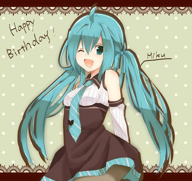ahoge aqua_eyes aqua_hair bad_id bad_pixiv_id detached_sleeves dress happy_birthday hatsune_miku letterboxed long_hair mahyack necktie one_eye_closed open_mouth solo twintails very_long_hair vocaloid