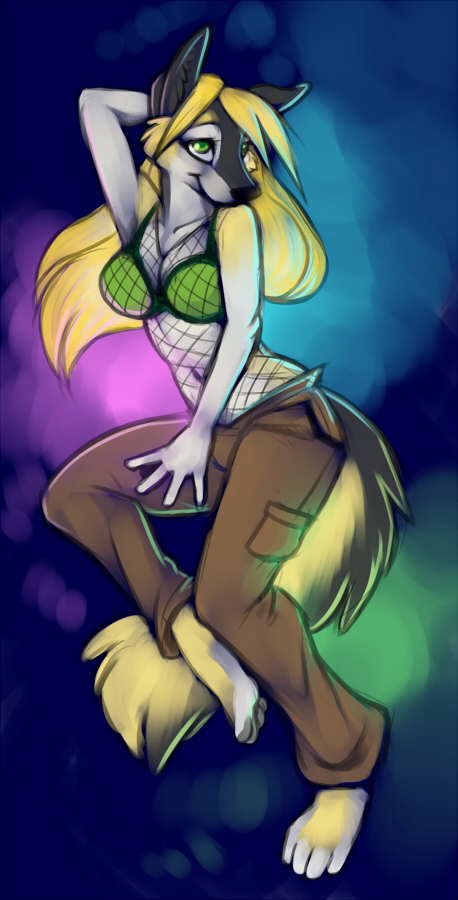 canine clothed clothing dancing demicoeur female green_eyes hair long_hair mammal raver skimpy solo wolf