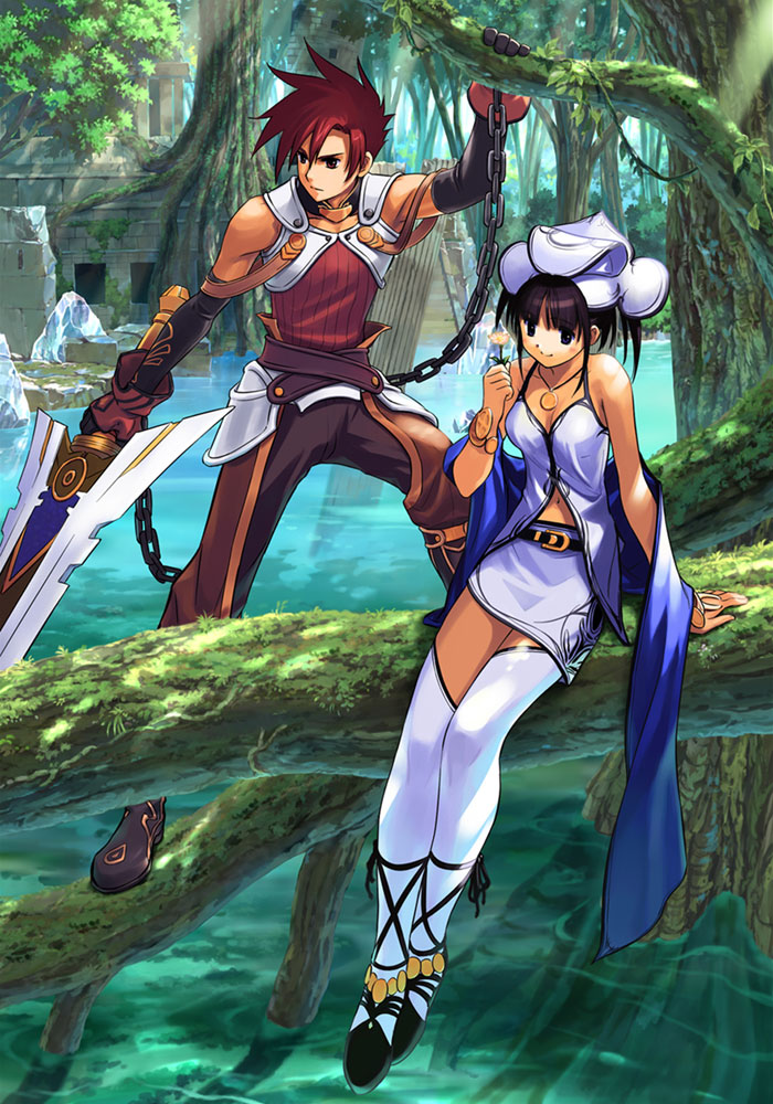 1girl anklet arm_support atelier_(series) atelier_iris atelier_iris_grand_phantasm bangs bare_shoulders belt black_gloves black_hair blue_eyes blunt_bangs blush boots bracelet breasts chain cleavage edge_vanhite elbow_gloves fantasy fighting_stance flower forest full_body futaba_jun gloves hair_between_eyes hat huge_weapon in_tree iris_fortner jewelry knee_boots leaf light_rays looking_away medium_breasts midriff miniskirt nature navel necklace official_art outdoors pants parted_bangs pendant plant red_eyes red_hair ruins scan shawl shoe_ribbon shoes short_hair short_twintails sidelocks sitting sitting_in_tree skirt smile spiked_hair spread_legs standing strap sunbeam sunlight sword thighhighs tree turtleneck twintails vines water weapon white_legwear zettai_ryouiki