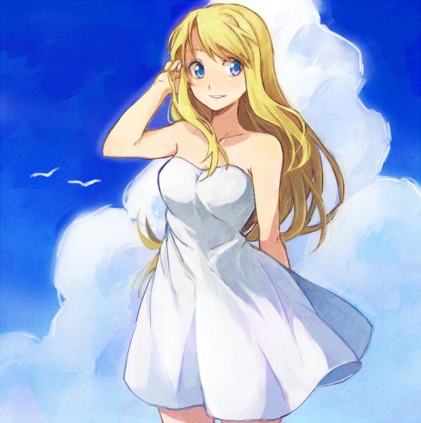 1girl adjusting_hair bare_shoulders bird blonde_hair blue_eyes cloud dress duplicate female fullmetal_alchemist gull happy long_hair riru seagull sky smile solo strapless strapless_dress sundress very_long_hair white_dress wind windy winry_rockbell