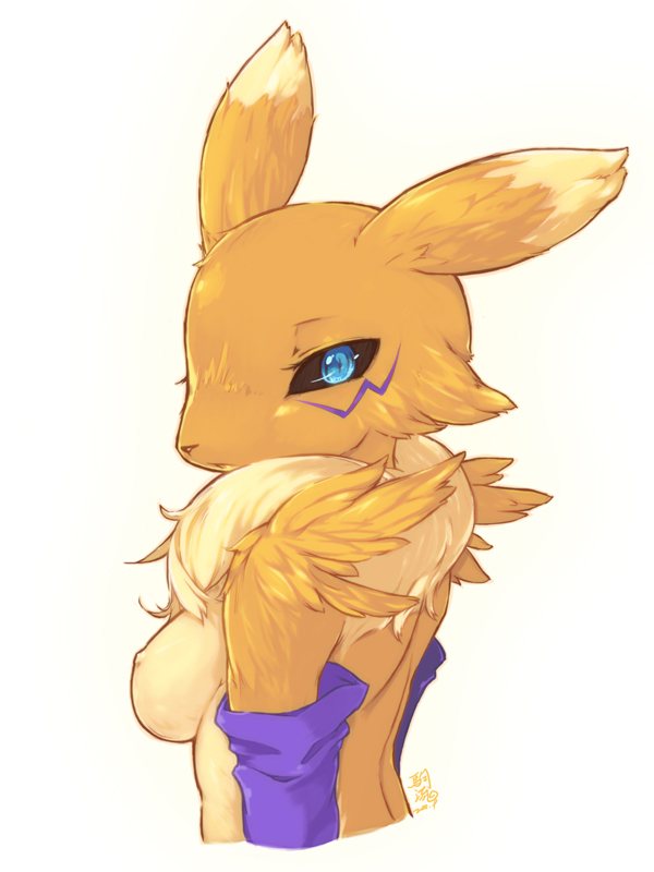 breasts canine digimon female fox looking_at_viewer mammal nipples nude plain_background renamon side_boob simple_background solo visark