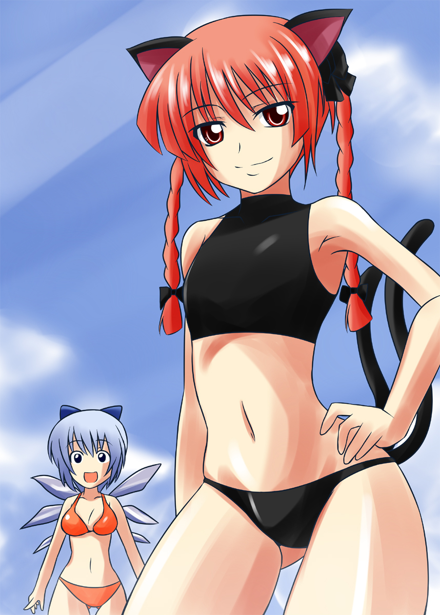 animal_ears bare_shoulders bikini bow braid cat_ears cat_tail cirno flat_chest hair_bow hand_on_hip highres kaenbyou_rin light_smile midriff multiple_girls multiple_tails navel nishi_koutarou pose red_eyes red_hair short_hair swimsuit tail tankini touhou twin_braids wings