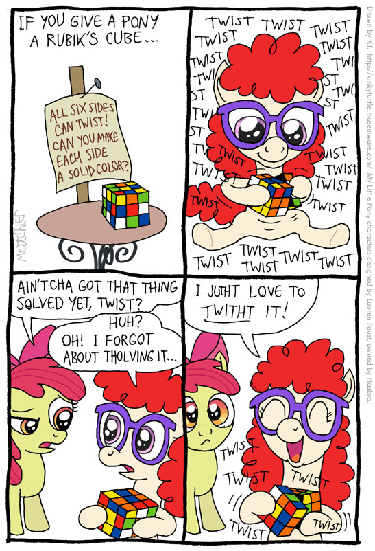 applebloom_(mlp) bow cartoon comic cub cute equine eye_contact eyewear female feral friendship_is_magic glasses hair horse humor iygaparc kinkyturtle lisp mammal my_little_pony pince-nez pony pun red_hair rubik's_cube smile timothy_fay twist_(mlp) what_a_twist young