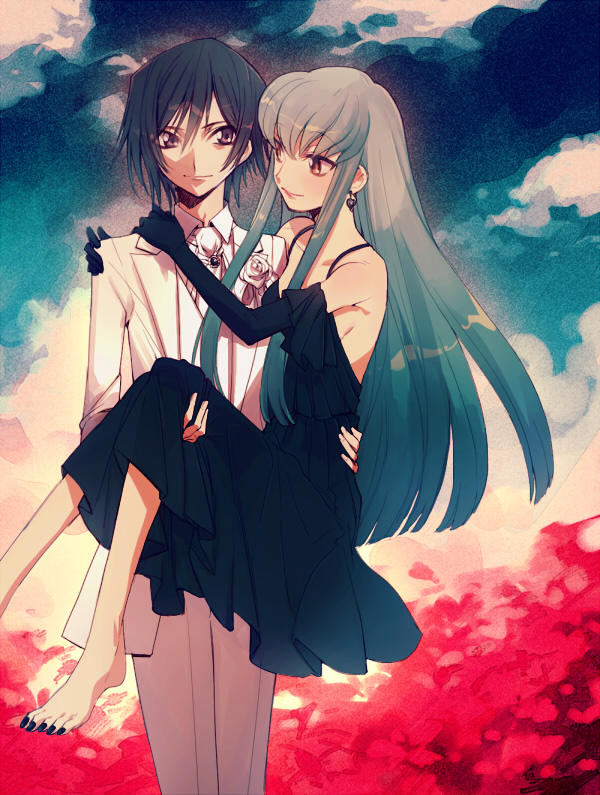 1boy 1girl aoki_(fumomo) aoki_(pixiv60197) barefoot black_dress black_gloves black_hair c.c. cc code_geass dress dress_shirt earrings elbow_gloves feet female flower formal gloves green_hair jacket jewelry lelouch_lamperouge long_hair male nail_polish pants purple_eyes rose shirt short_hair white_shirt