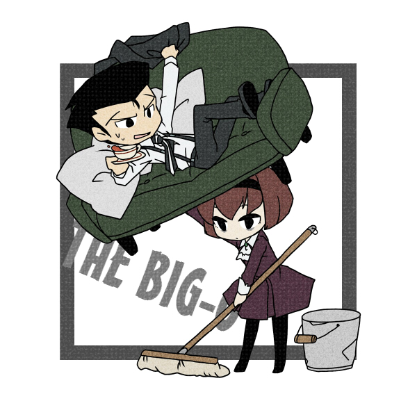 1boy 1girl android black_hair bob_cut brown_hair cleaning copyright_name couch cup dress hairband r_dorothy_wayneright roger_smith short_hair simple_background suspenders sweatdrop teacup the_big_o white_background