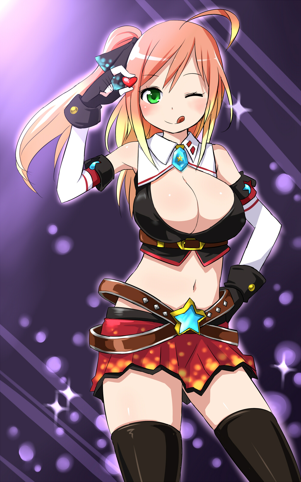 ;d ;q ahoge bare_shoulders belt black_legwear blonde_hair blush breasts cleavage cleavage_cutout crop_top elbow_gloves fingerless_gloves gloves green_eyes hand_on_hip heart highres large_breasts long_hair midriff miniskirt multicolored_hair navel one_eye_closed open_mouth orange_hair original ponytail skirt smile solo sparkle star thighhighs thighs tongue tongue_out two-tone_hair zaxwu zettai_ryouiki