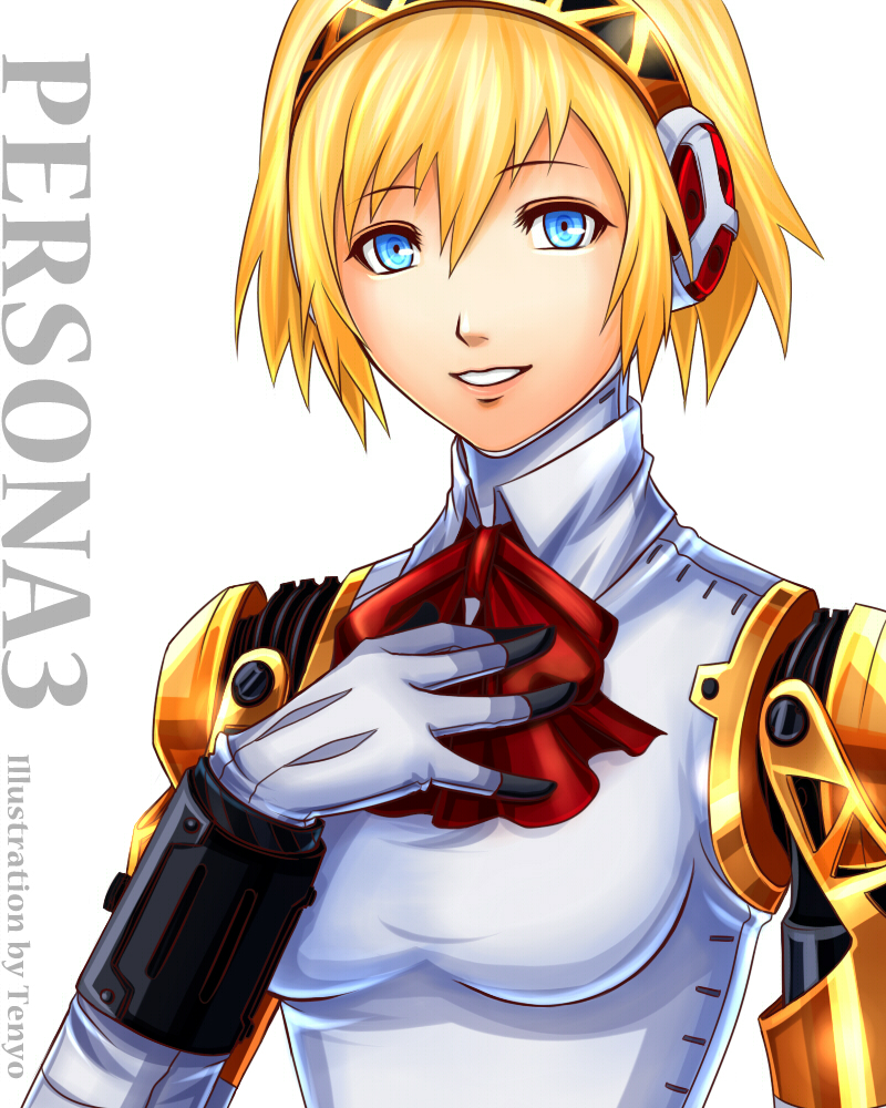 aegis_(persona) android blonde_hair blue_eyes bow persona persona_3 robot_joints short_hair simple_background smile solo tenyo0819 upper_body