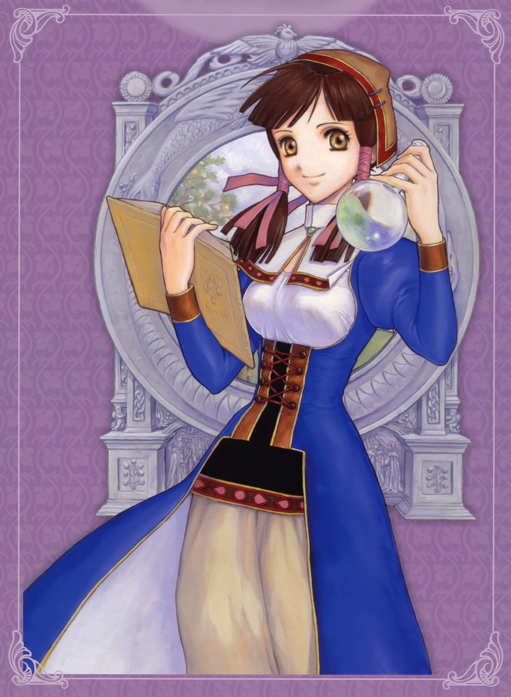 alchemy atelier_(series) atelier_lilie atelier_lilie_another_story bird book brown_eyes brown_hair corset dress flask hat lilie_(atelier) long_hair official_art round-bottom_flask smile solo twintails yamagata_isaemon