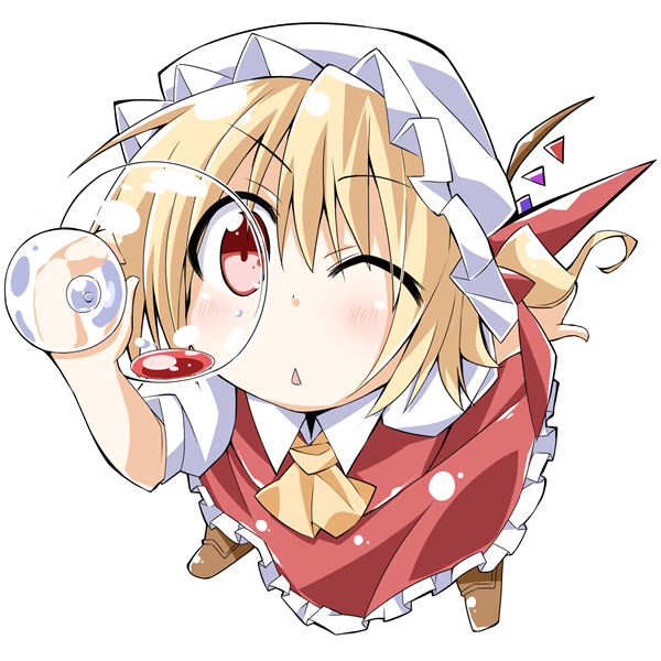 :&lt; ;&lt; ascot bibi blonde_hair blush chibi cup drinking_glass face flandre_scarlet foreshortening hat one_eye_closed red_eyes simple_background solo touhou wine_glass wings