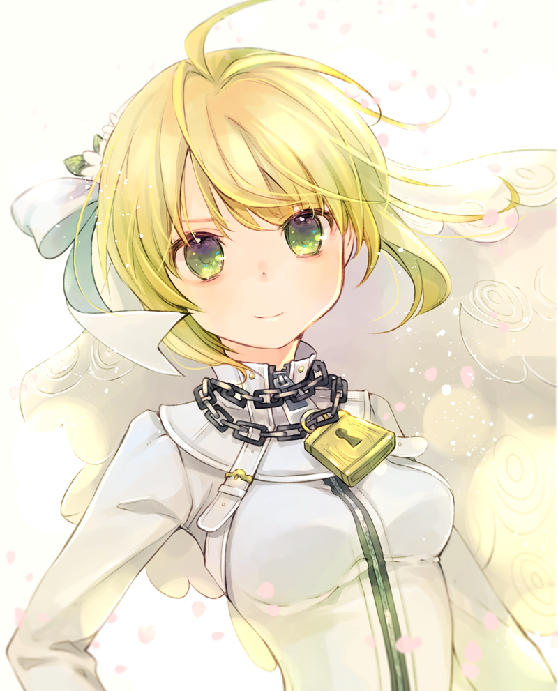 1girl ahoge bangs blonde_hair breasts bridal_veil chains closed_mouth commentary_request daisy dress fate/grand_order fate_(series) floating_hair flower green_eyes hair_flower hair_ornament hair_ribbon jewelry kuga_tsukasa lock long_sleeves looking_at_viewer medium_breasts necklace nero_claudius_(bride)_(fate) nero_claudius_(fate)_(all) padlock ribbon short_hair smile solo upper_body veil wedding_dress white_dress white_flower white_ribbon