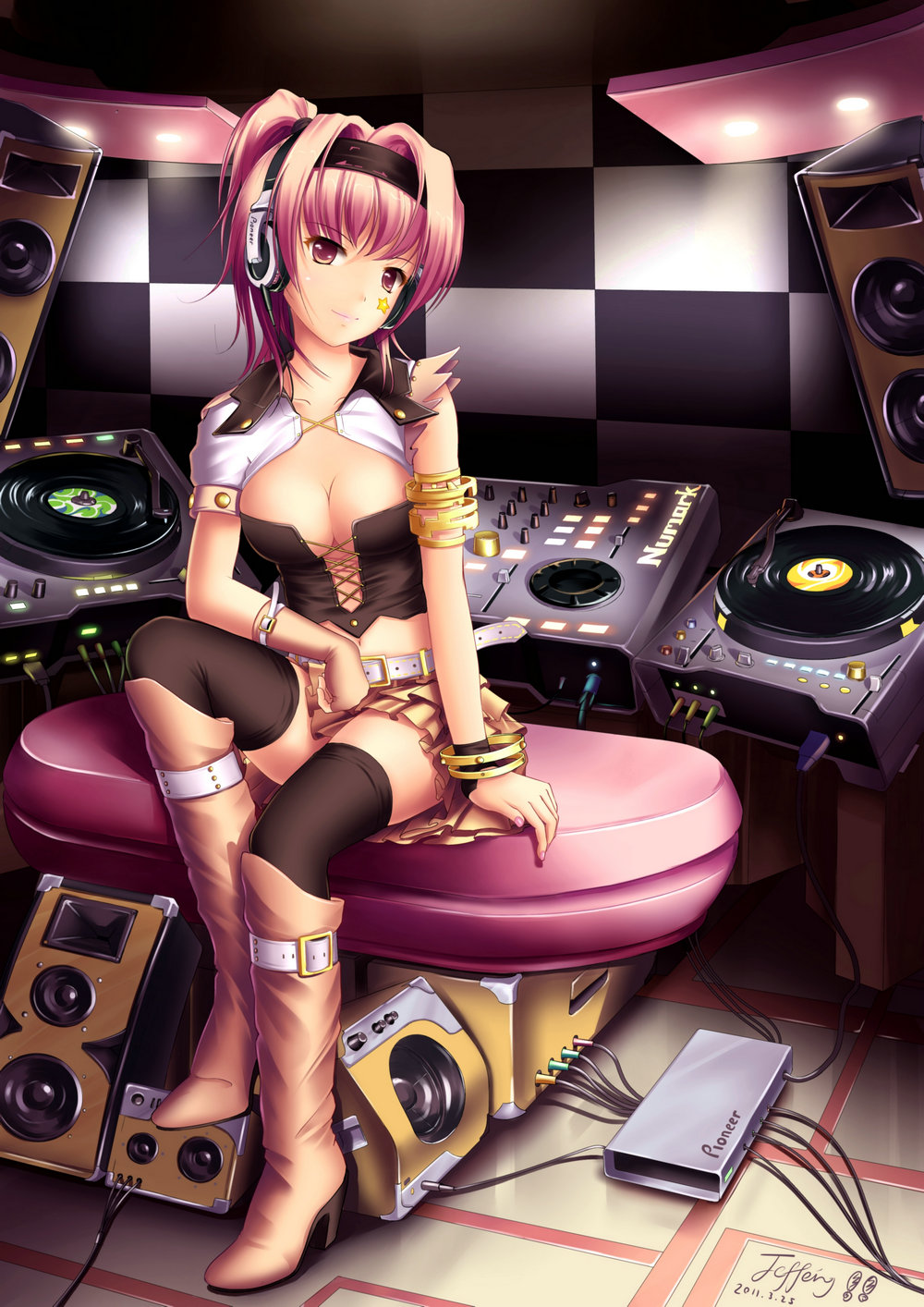 2011 armband bad_id bad_pixiv_id belt black_legwear boots bracelet breasts cleavage fingerless_gloves gloves headphones highres jeffery_(backam) jewelry lipstick looking_at_viewer makeup medium_breasts midriff navel original phonograph pink_eyes pink_hair pleated_skirt ponytail sitting skirt smile solo speaker star studio thighhighs turntable zettai_ryouiki