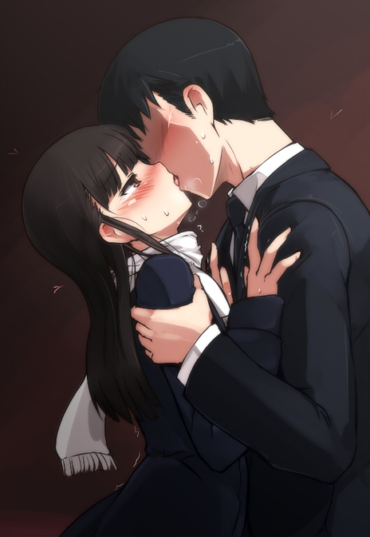 1girl arm_grab black_hair blush breath brown_eyes brown_hair couple faceless faceless_male formal french_kiss heart hetero hijikata_keisuke kiss long_hair long_sleeves necktie null_(nyanpyoun) profile sakamoto_mio scarf shaded_face strike_witches suit sweat trembling white_scarf world_witches_series