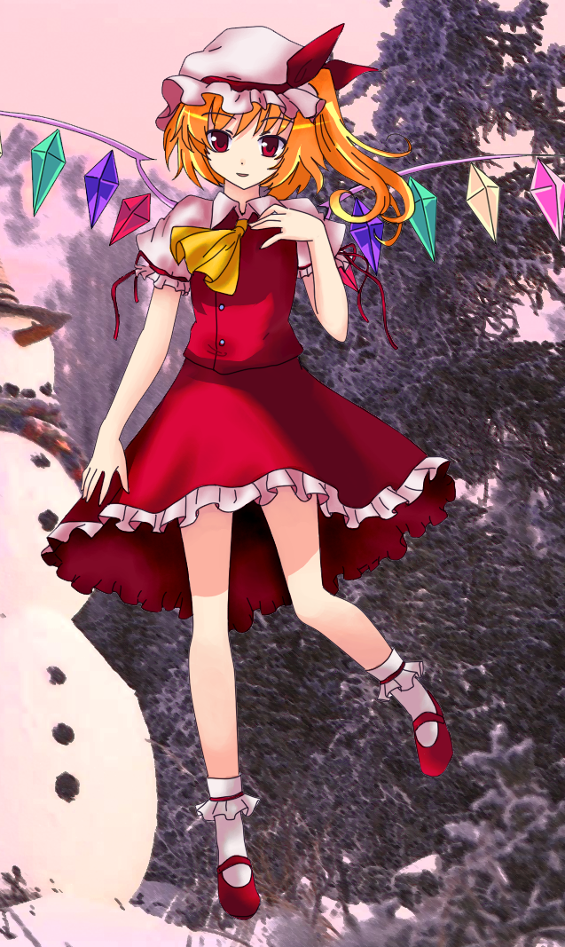 blonde_hair dress female flandre_scarlet flat_chest frandr, photo_background red_eyes regnad snowman solo the_embodiment_of_scarlet_devil touhou wings