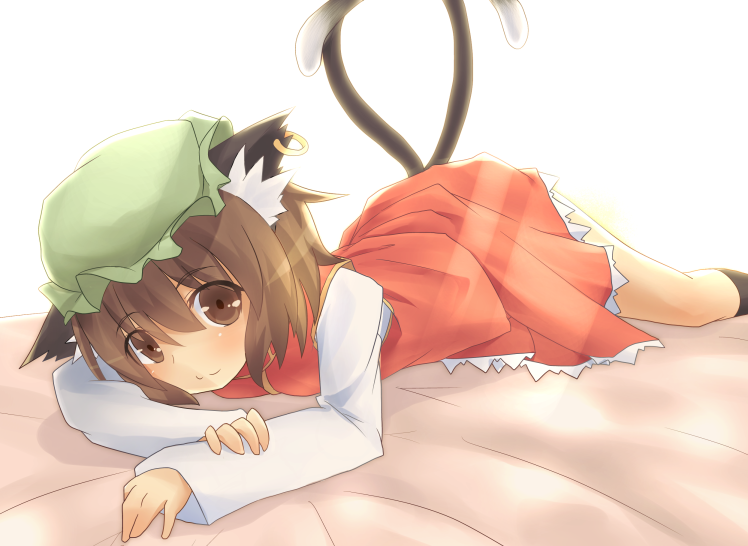 animal_ears brown_eyes brown_hair cat_ears cat_tail chen light_rays looking_at_viewer lying multiple_tails on_stomach sakurea short_hair smile solo sunbeam sunlight tail touhou