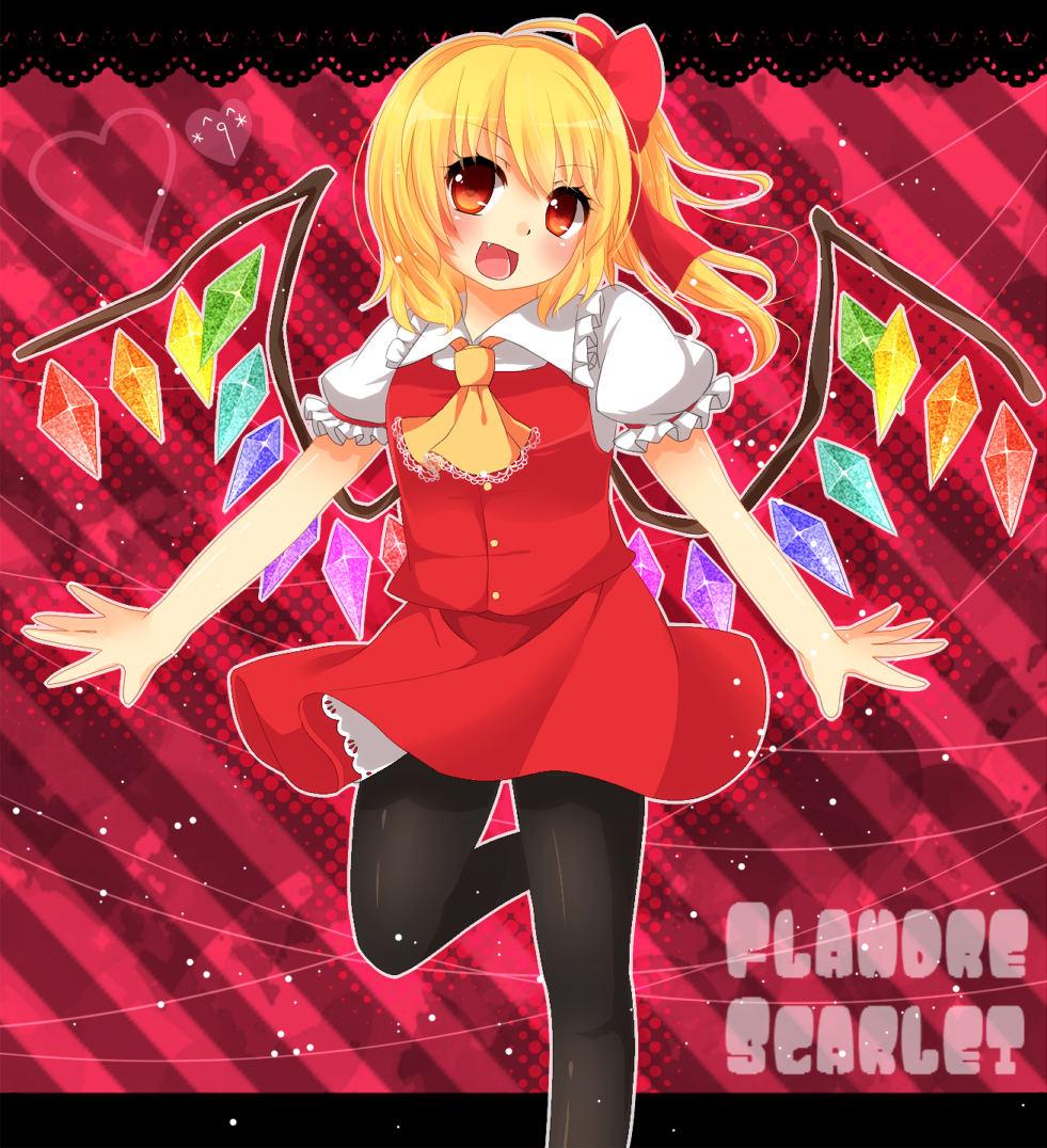 :d ascot black_legwear blonde_hair bow diagonal-striped_background diagonal_stripes fang flandre_scarlet hair_bow head_tilt heart no_hat no_headwear open_mouth pantyhose red_background red_eyes side_ponytail skirt skirt_set smile solo striped striped_background touhou wings yuria_(kittyluv)