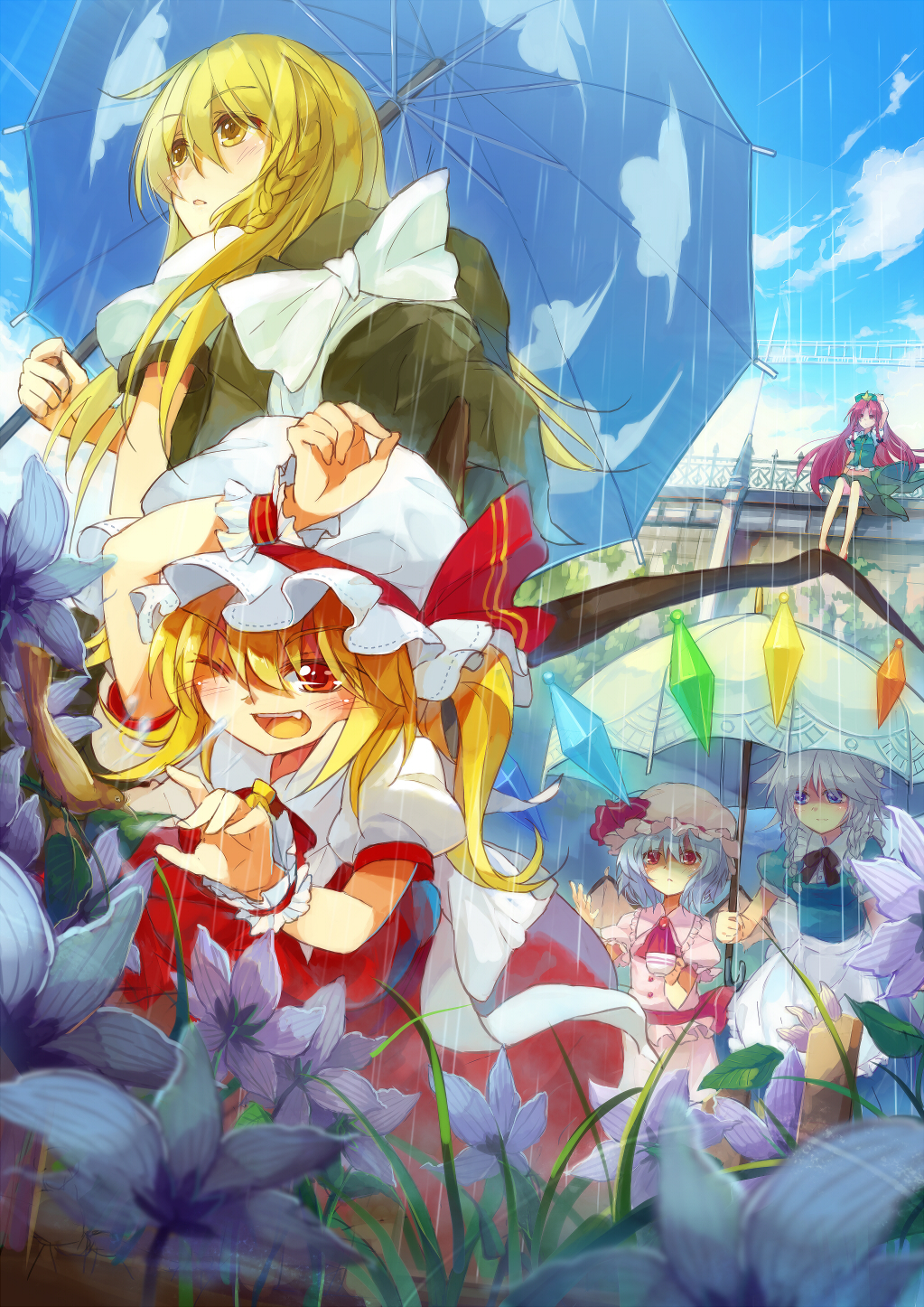 arm_up bird blonde_hair blue_eyes blue_hair bow braid cloud covering cup day fang flandre_scarlet flower grass grey_hair hat hat_bow hat_removed headwear_removed highres holding holding_hat hong_meiling izayoi_sakuya kirisame_marisa long_hair looking_up maid maid_headdress multiple_girls one_eye_closed open_mouth rain red_eyes red_hair short_hair siblings side_braid side_ponytail sisters sitting sky sky_print teacup touhou twin_braids umbrella white_bow wince wings witch_hat wrist_cuffs yayin_(yayin233) yellow_eyes