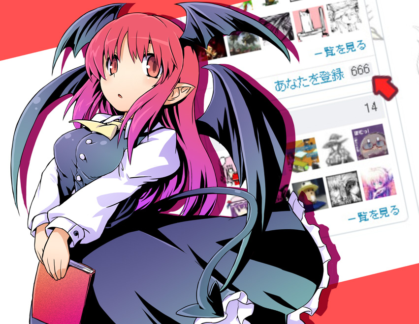 :o bat_wings blush book breasts buttons demon_tail directional_arrow head_wings koakuma long_hair medium_breasts necktie paji pixiv pointy_ears red_eyes red_hair skirt solo tail touhou v_arms vest wings