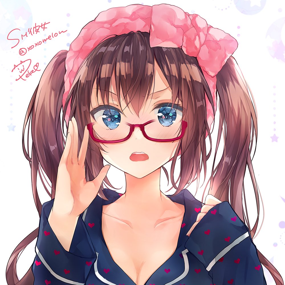 1girl :o artist_name bangs blue_eyes blue_shirt blush breasts brown_hair cleavage collarbone commentary_request eyebrows_visible_through_hair furrowed_eyebrows glasses hand_on_eyewear hands_up headdress heart heart_print long_hair long_sleeves looking_at_viewer looking_over_eyewear open_mouth original peke_(xoxopeke) red-framed_eyewear shiny shiny_hair shirt sidelocks signature sleeves_past_wrists solo star tareme twintails twitter_username upper_body upper_teeth v-shaped_eyebrows wavy_mouth white_background wing_collar