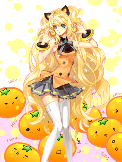 food fruit kei_(seona2020) long_hair seeu skirt solo thighhighs vocaloid yellow