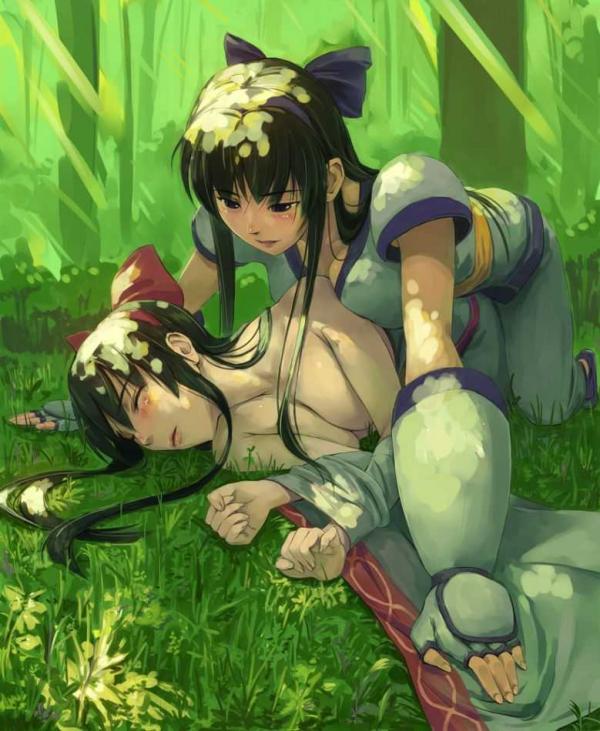 2girls all_fours blush bow breast_press breasts brown_hair cencored cleavage closed_eyes dual_persona eyes_closed fingerless_gloves gloves hair_bow hairband lips long_hair lying multiple_girls nakoruru niplees samurai_spirits solo tani topless yuri