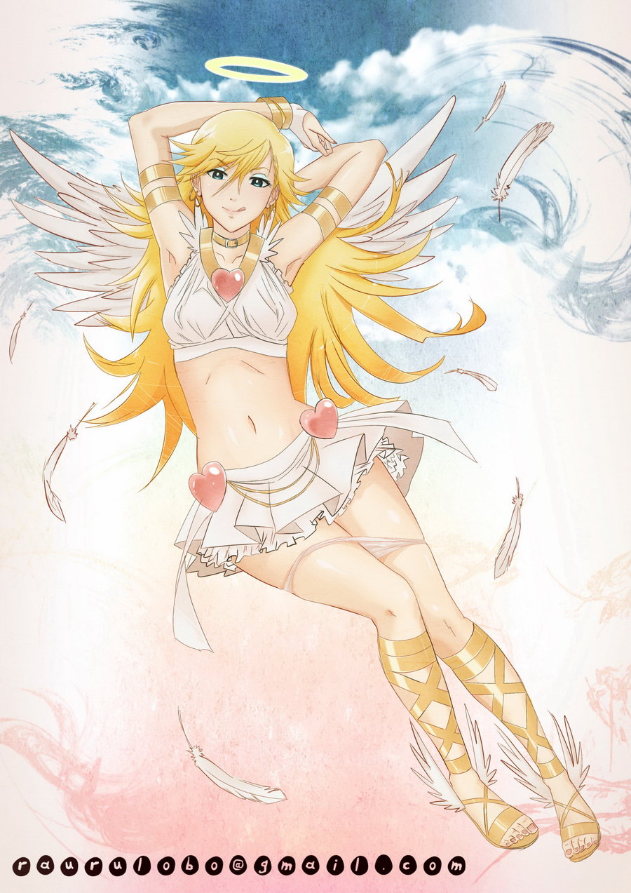 angel blonde_hair blue_eyes body_piercing bracelet choker collar earrings feather hand_behind_head jewelry licking_lips lingerie long_hair looking_at_viewer midriff nimbus panties panty_&amp;_stocking_with_garterbelt panty_(character) raurulobo solo white_outfit white_wings wings