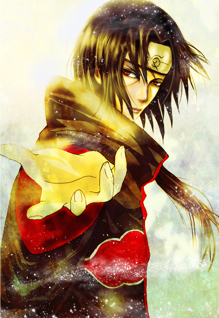 black_hair forehead_protector gradient gradient_background long_hair male male_focus monkoro naruto red_eyes solo uchiha_itachi