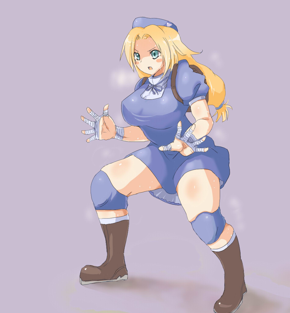 backpack bad_id bad_pixiv_id bag bandaged_fingers bandages beret blonde_hair blue_eyes boots hair_ribbon hat knee_pads long_hair ribbon shijou_hinako solo sumo sweat the_king_of_fighters