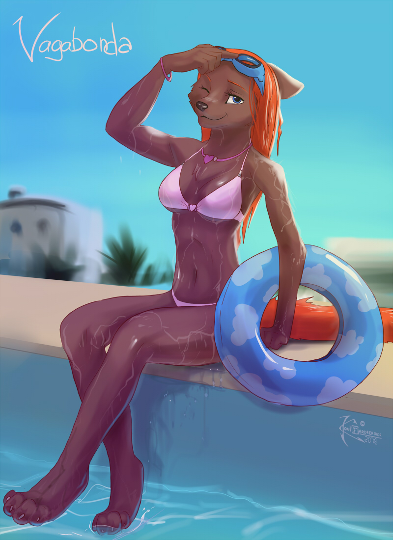 &hearts; bikini blue_eyes canine clothed clothing dripping eyewear female goggles hair inflatable koul looking_at_viewer mammal necklace one_eye_closed orange_hair pool sitting skimpy solo swimsuit vagabonda_(character) watermark wet
