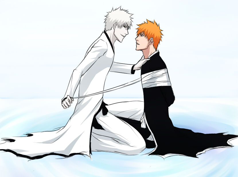 2boys bdsm black_sclera bleach bondage bound dual_persona kurosaki_ichigo mizashi multiple_boys orange_hair pale_skin shirosaki_hichigo short_hair sitting tied_up white_hair yaoi