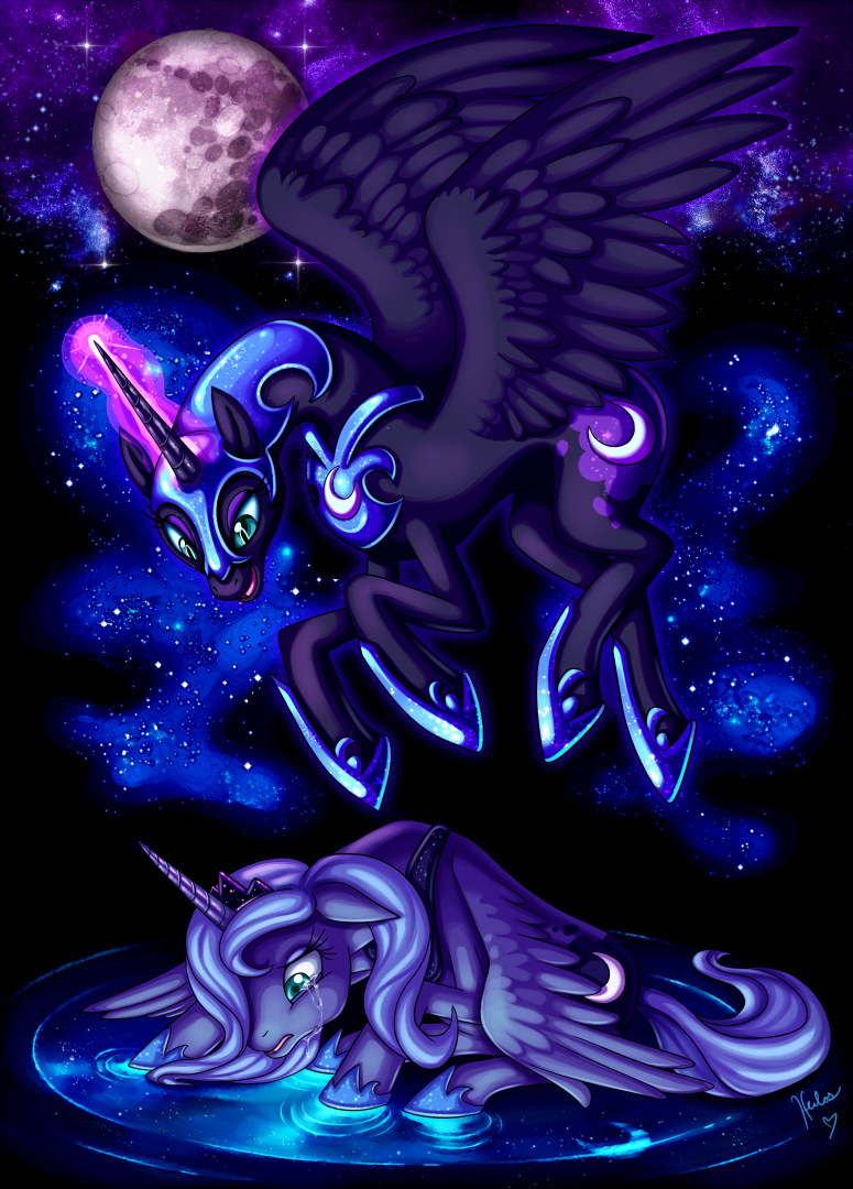 alicorn blue_hair crown crying cutie_mark equine female feral friendship_is_magic hair hasbro heilos horn horse long_hair mammal mare_in_the_moon moon my_little_pony night nightmare_moon_(mlp) pegacorn plain_background pony princess_luna_(mlp) stars tail water winged_unicorn wings