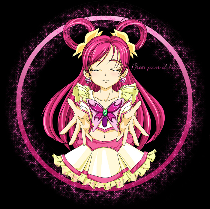brooch bug butterfly closed_eyes collarbone cure_dream earrings frills hair_ribbon hair_rings insect jewelry long_hair magical_girl maryu midriff navel pink pink_hair pleated_skirt precure ribbon skirt skirt_set solo sparkle yes!_precure_5 yumehara_nozomi