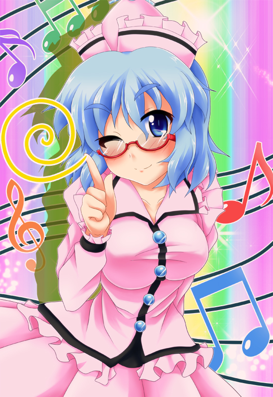 ;) beamed_eighth_notes beamed_sixteenth_notes bespectacled blue_eyes blue_hair blush buttons eighth_note eyebrows eyebrows_visible_through_hair glasses hat ikue_fuuji index_finger_raised long_sleeves merlin_prismriver musical_note one_eye_closed pink_hat pink_shirt pink_skirt red-framed_eyewear shirt short_hair sixteenth_note skirt smile solo sparkle spiral staff_(music) taut_clothes taut_shirt touhou treble_clef wavy_hair