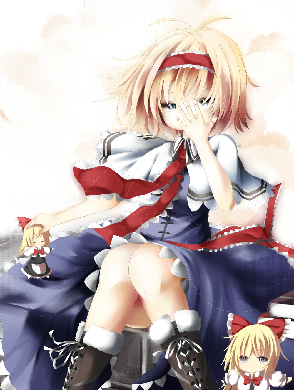 alice_margatroid blonde_hair blue_eyes boots capelet cross-laced_footwear doll dress hair_ribbon hairband highres jewelry lace-up_boots ribbon ring sash sitting solo string thread touhou umagenzin