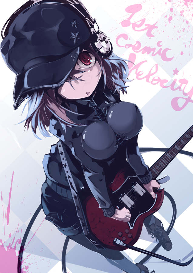 alternate_costume baseball_cap between_breasts black_legwear boots breasts brown_hair cable checkered checkered_floor dutch_angle electric_guitar from_above guitar hair_over_one_eye hat headphones impossible_clothes impossible_jacket instrument jacket leaning_forward legwear_under_shorts looking_at_viewer looking_up medium_breasts nitroplus no_lineart paint_splatter pantyhose perspective rca red_eyes short_hair shorts solo standing star super_sonico text_focus zipper