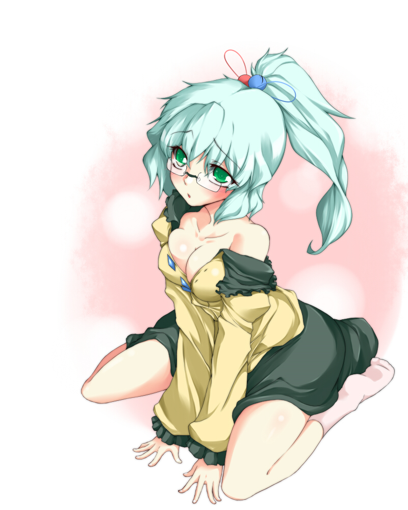 alternate_hairstyle aqua_hair arm_support bad_id bad_pixiv_id bare_shoulders bespectacled between_thighs blush breasts cleavage from_above glasses green_eyes green_hair komeiji_koishi looking_up medium_breasts off_shoulder ponytail revision short_hair silver_hair sitting socks solo touhou v_arms wariza yamane_akira