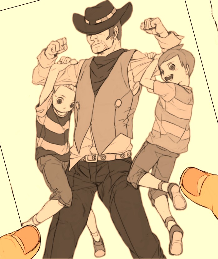 belt claus cowboy cowboy_hat flint hat lucas male_focus monochrome mother_(game) mother_3 multiple_boys multiple_monochrome photo pink siblings smile twins western yellow_background yume