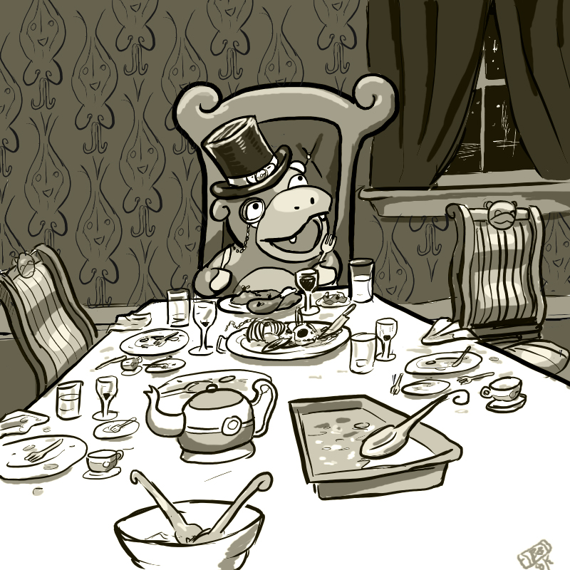 artist_request bug chair chicken_leg clothed_pokemon cup dinner drinking_glass eating empty_plate fangs fly food fork formal gen_1_pokemon hat holding holding_fork holding_knife insect knife monochrome monocle napkin night night_sky no_humans open_mouth plate poke_ball_theme pokemon pokemon_(creature) saucer sepia sitting sky slowpoke star_(sky) starry_sky table teacup top_hat truth wallpaper_(object) wine wine_glass