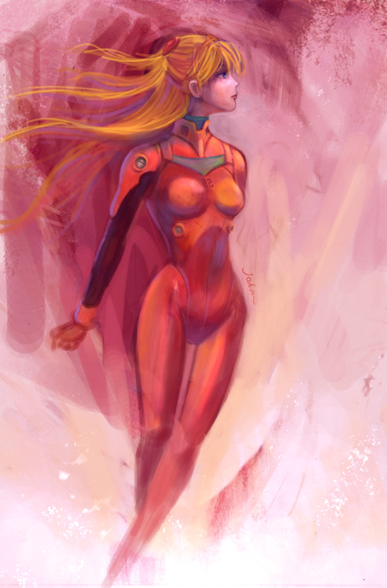 arm_at_side artist_name bangs blue_eyes bodysuit breasts closed_mouth expressionless feet_out_of_frame floating_hair gloves headgear hips lips long_hair looking_afar neon_genesis_evangelion number orange_hair pilot_suit plugsuit profile red_bodysuit signature small_breasts solo souryuu_asuka_langley standing starryjohn straight_hair turtleneck two_side_up