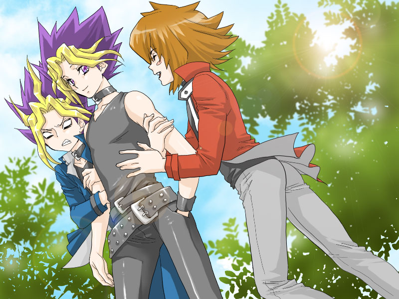 3boys brown_hair character_request collar male male_focus multiple_boys mutou_yugi mutou_yuugi tank_top yami_yugi yami_yuugi yu-gi-oh! yuki_judai yuu-gi-ou_duel_monsters yuuki_juudai