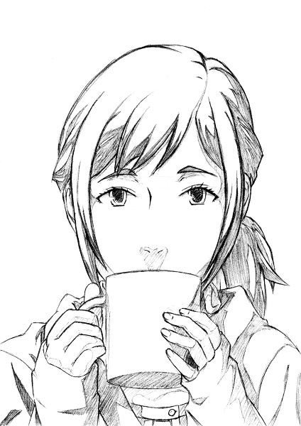 cup eve_no_jikan face greyscale hands monochrome mug non-web_source ponytail sammy_(eve_no_jikan) sleeves_past_wrists solo traditional_media