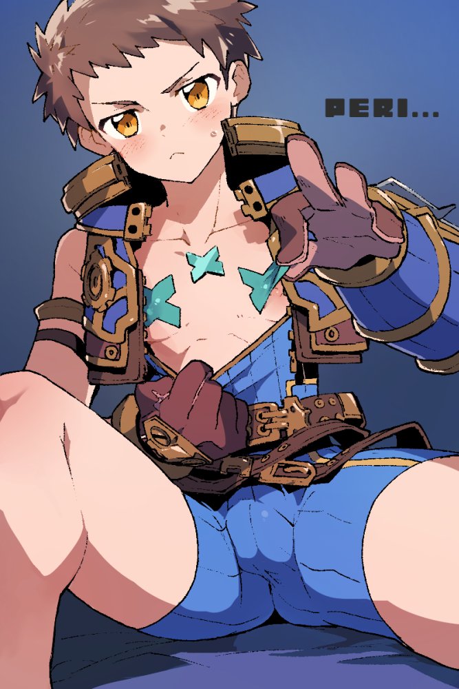 &gt;:&lt; 1boy blue_background bodysuit bodysuit_pull brown_gloves brown_hair bulge closed_mouth dated enotou_(enotou_moi) gloves looking_at_viewer male_focus nintendo pasties rex_(xenoblade_2) simple_background sitting solo vest xenoblade_(series) xenoblade_2 yellow_eyes