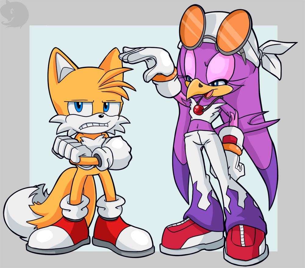 anthro avian bandanna beak bird blue_eyes canine clothing comparing crossed_arms duo eyewear female fox gloves greybullet greymelon half-closed_eyes male mammal midriff miles_prower navel orange orange_body pants purple purple_body sega shoes sonic_(series) sonic_riders sunglasses swallow_(bird) tail wave_the_swallow