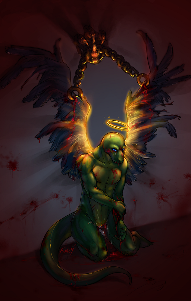 angel bdsm biceps blood bondage bound chain crying feathers fudchan male muscles nipples nude pecs reptile scalie solo wings xianos