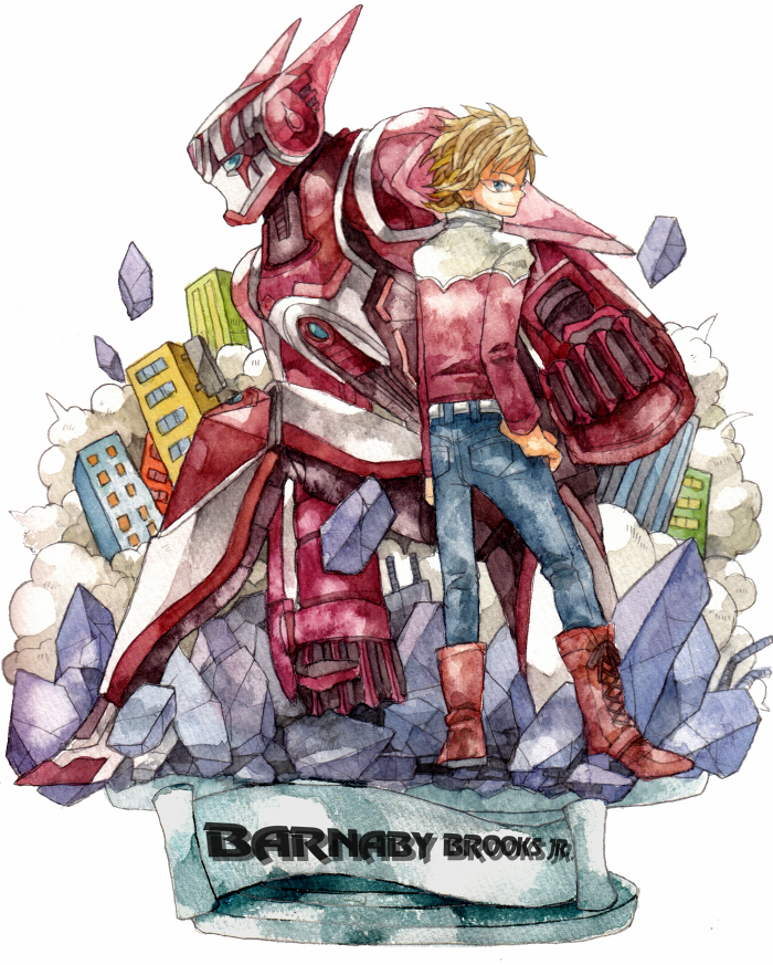 barnaby_brooks_jr belt blonde_hair boots denim dual_persona glasses green_eyes hand_on_hip ina_(gonsora) jacket jeans looking_back male_focus multiple_boys pants power_armor power_suit red_jacket rock superhero tiger_&amp;_bunny