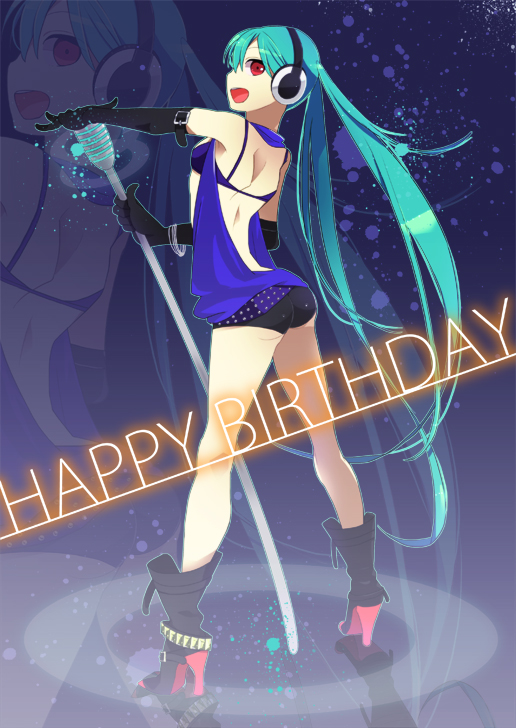 aqua_hair ass bad_id bad_pixiv_id boots bra bracelet elbow_gloves gloves happy_birthday hatsune_miku headphones high_heels jewelry lingerie long_hair microphone microphone_stand omucchan_(omutyuan) open_mouth red_eyes shoes short_shorts shorts solo twintails underwear very_long_hair vocaloid zoom_layer