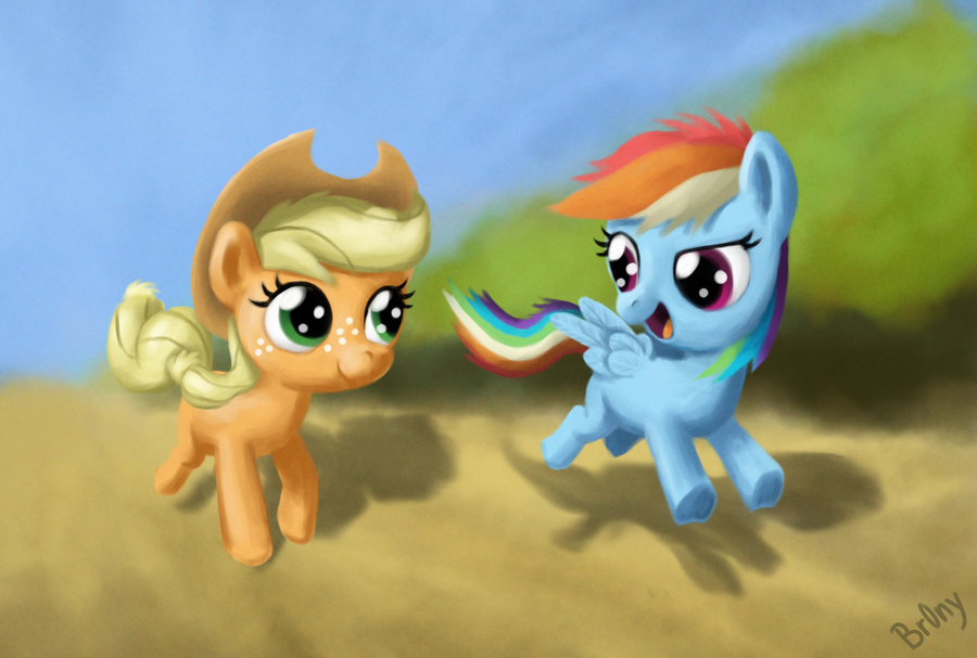 blue_fur br0ny cub cute duo equine female feral forest friendship_is_magic fur hair hasbro hat horse mammal multi-colored_hair my_little_pony pegasus pony race rainbow_dash_(mlp) rainbow_hair running tree wings wood young younger