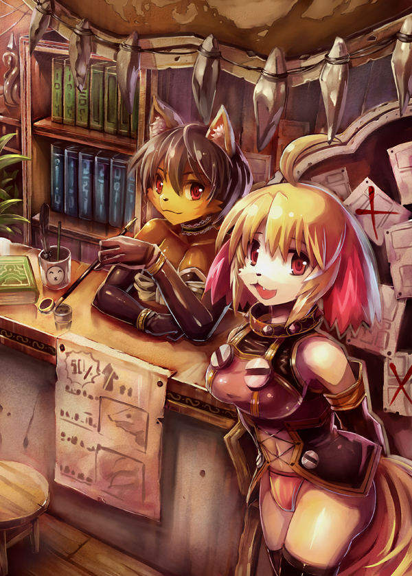 anthro breasts canine cat cleavage clothed clothing collar counter couple cup edobox feline female fox leaning legwear looking_at_viewer mammal panties poster red_eyes shop shopkeeper skimpy standing stockings underwear