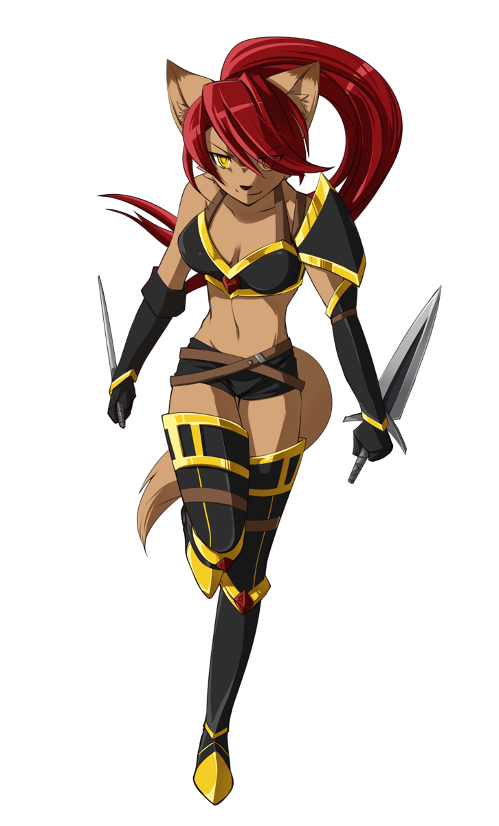 anthro breasts cleavage dagger female hair kubikitsune looking_at_viewer ninja pose red_hair skirt solo standing weapon yellow_eyes