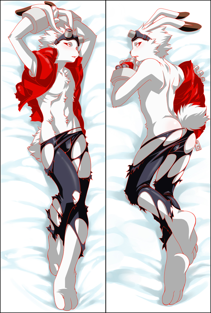 arms_above_head back back_turned bed blush bulge butt clothed clothing dakimakura eyewear front fur gloves goggles hindpaw inumania king_kazuma lagomorph looking_at_viewer looking_back lying male mammal on_back on_front open_shirt paws pillow pose rabbit red_eyes shirt solo summer_wars tail torn_clothing white_fur